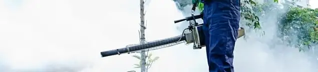 Pest control technician fogging an outdoor area for insect control in Fort Worth, TX