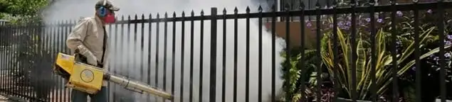 Mosquito control technician fogging a yard perimeter for mosquito reduction in Fort Worth, TX